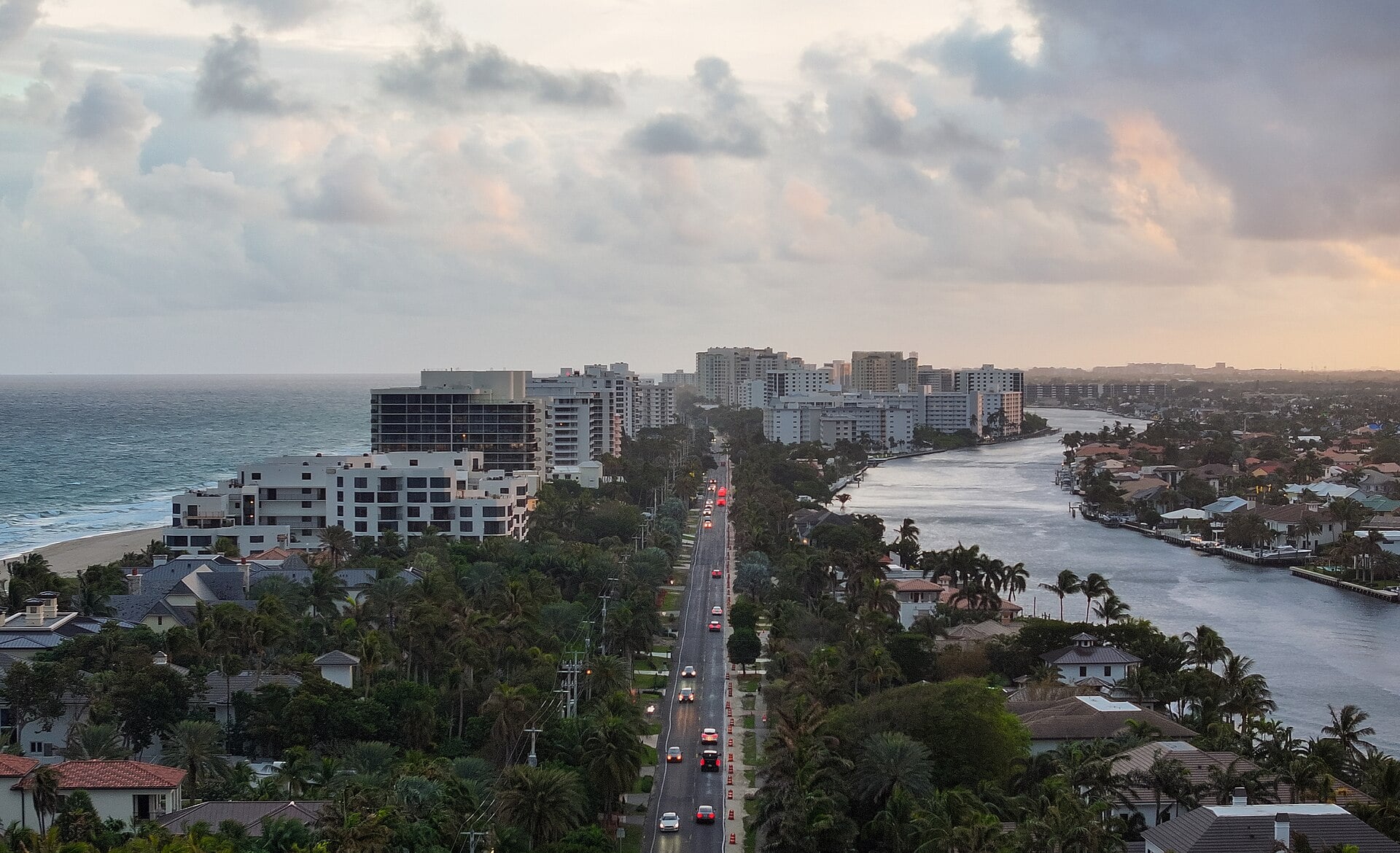 Highland Beach oceanfront condominiums and the Intracoastal Waterway seen from above